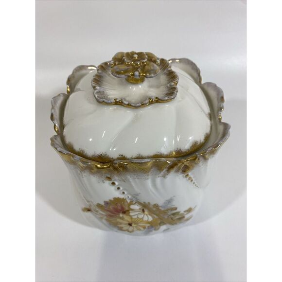 Antique A Lanternier Limoges France Hand Painted Lidded Biscuit Jar Tea Caddy 7" - Picture 2 of 12
